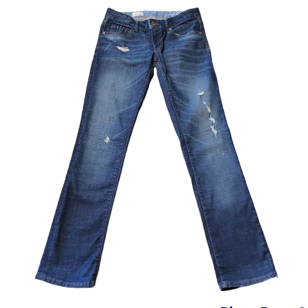GAP Low Rise Women Straight Leg Jeans in Dark Blue with Faded Distress